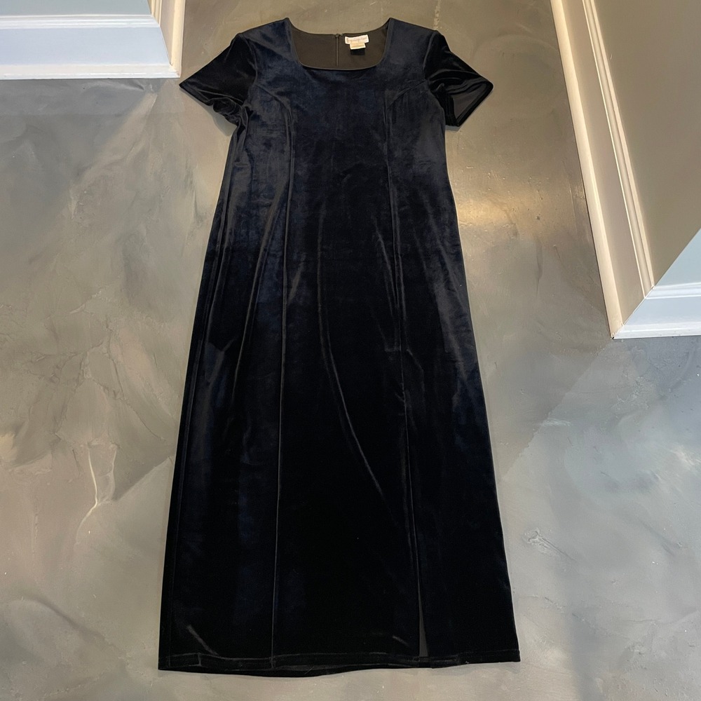 VTG Worthington Black Velvet Maxi Dress Square Neck Short Sleeve Slit 14 Gothic